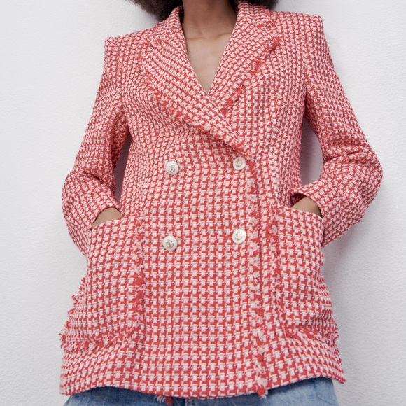 Red Houndstooth Double-Breasted Blazer - Picture 2 of 9